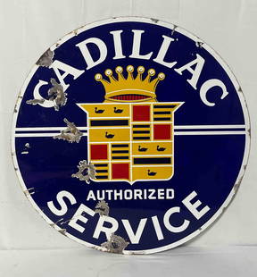 Cadillac Authorized Service Porcelain Sign.  Features iconic Cadillac crest.  Presents with nice: Cadillac Authorized Service Porcelain Sign. Features iconic Cadillac crest. Presents with nice color and chips. Marked Walker & Co. and measures 42".
