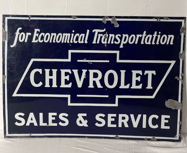 Chevrolet "For Economical Transportation" double sided porcelain sign.  Early sign dates to the: Chevrolet "For Economical Transportation" double sided porcelain sign. Early sign dates to the 1920's. Presents with nice color and some chips. Measures. 28x40.