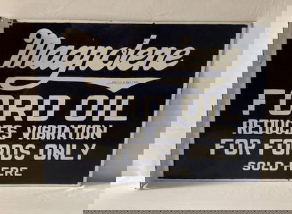Magnolene Ford Oil Sold Here Porcelain Flange Sign: Magnolene Ford "Reduces Vibration for Fords Only" Sold Here porcelain flange sign. Sign has been professionally restored. Measures 22"x16".