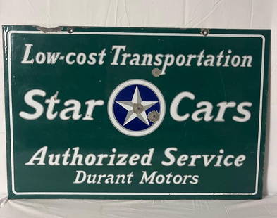 Star Cars Authorized Durant Service double sided porcelain sign.  Reads :"Low Cost Transportation": Star Cars Authorized Durant Service double sided porcelain sign. Reads :"Low Cost Transportation" and marked Balto Enamel. Presents with nice color some war and chips. Measures. 25x36.