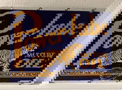 Powerlube Motor Oil Porcelain Sign w/ Tiger: Powerlube Motor Oil double sided porcelain sign. Features amazing Tiger graphics and is marked NESCO signs Denver and Property of Powerine. Sign has been professionally restored. Measures 28"x20".