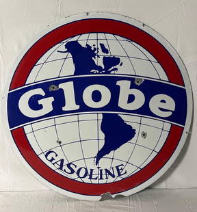 Globe Gasoline double sided porcelain sign. Features outstanding "globe graphic" covering the entire: Globe Gasoline double sided porcelain sign. Features outstanding "globe graphic" covering the entire sign. Presents with very nice color, chips and small holes. Presents well and measures 30” di