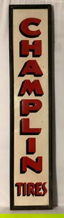 Champlin Tires single sided painted metal sign.  Marked G-40 and features the original wood frame.: Champlin Tires single sided painted metal sign. Marked G-40 and features the original wood frame. Rare sign presents with nice color and some wear. Measures 15x72.