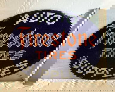 Firestone Tires and Auto Supplies die-cut porcelain flange sign.  Early sign dates to the 1920's and: Firestone Tires and Auto Supplies die-cut porcelain flange sign. Early sign dates to the 1920's and presents with good color and some chips. Measures 21x16.