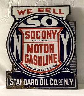 We Sell Socony Motor Gasoline Standard New York porcelain flange sign. Early sign presetns wtih: We Sell Socony Motor Gasoline Standard New York porcelain flange sign. Early sign presetns wtih heavy shelving, nice color and a few chips.