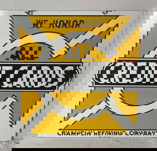 Champlin "We Honor All Credit Cards" double sided porcelain sign.  Presents with very nice color and: Champlin "We Honor All Credit Cards" double sided porcelain sign. Presents with very nice color and minor chips. Measures 22x24.