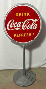 30" Drink Coca-Cola Porcelain Curb Sign: Drink Coca-Cola Refresh! double sided porcelain curb sign with original ring and stair stepped branded base. Presents with nice color and a few chips. Measures 30" diameter and 61" tall.Oil Capital Co
