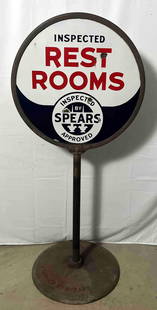 Spears Approved and Inspected double sided porcelain sign with original ring and branded base.: Spears Approved and Inspected double sided porcelain sign with original ring and branded base. Presents with nice color and some chips. Measures 30" diameter and 60" tall.