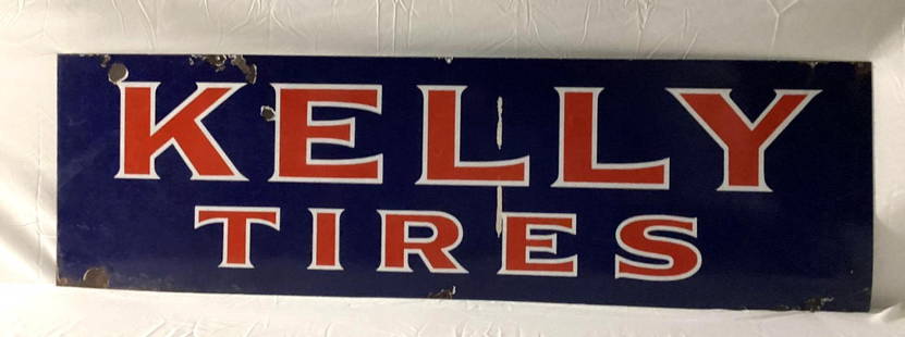 Kelly Tires single sided porcelain sign. Early cobalt blue sign dates to the 1920;s. Presents with: Kelly Tires single sided porcelain sign. Early cobalt blue sign dates to the 1920;s. Presents with nice color and a few chips.