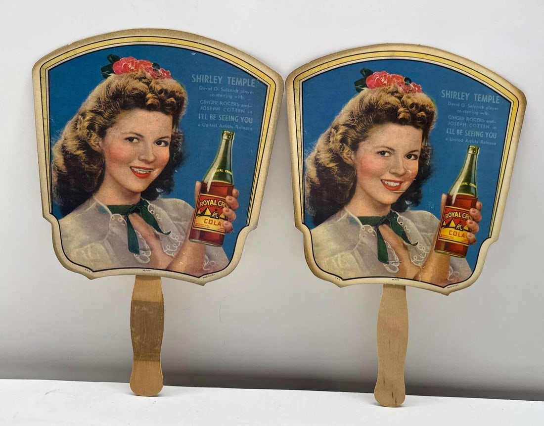 Two Royal Crown Cola Shirley Temple WW2 Hand Fans Flat River, MO: Two Royal Crown Cola Shirley Temple WW2 Hand Fans Flat River, MO. Measures 8x8