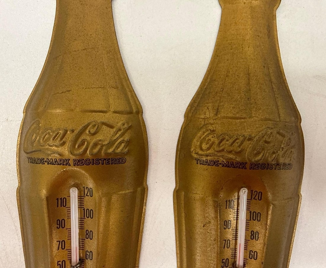 Two Coca-Cola Gold Die-Cut Bottle Thermometers - 2