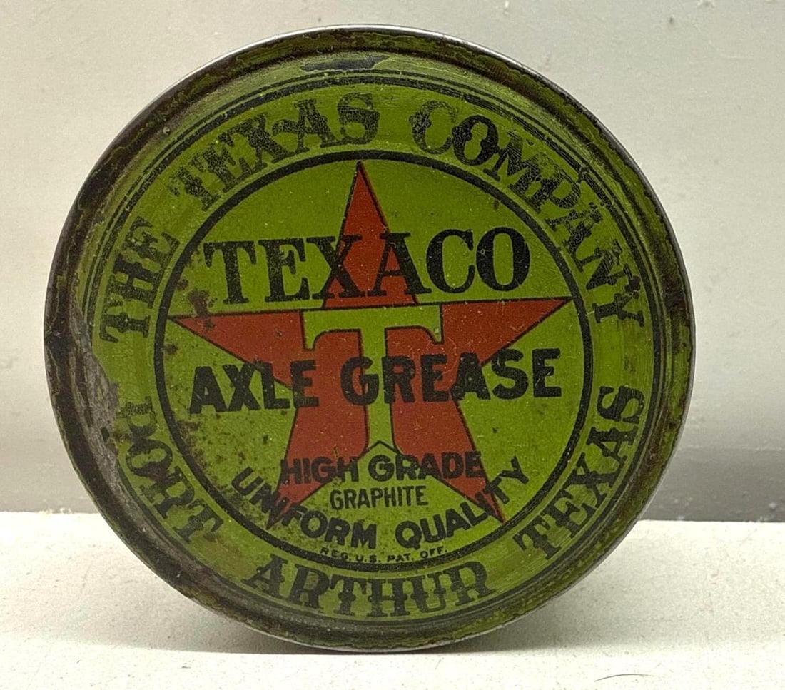 Early Texaco One Pound Axle Grease Can: Texaco Axle Grease one pound tin. Early piece dates to the 1910's and features branding on all sides along with a lid with early "Port Arthur" logo. Presents with nice color and light wear.