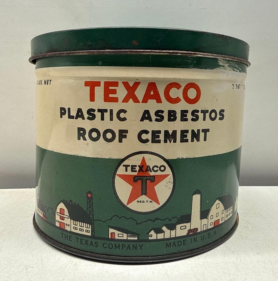 Texaco Plastic Asbestos Roof Cement Five Pound Can: Texaco Plastic Asbestos Roof Cement five pound can.? Features a variety of industrial and residential structures around the bottom of the can.? Empty can presents with strong color and light wear.