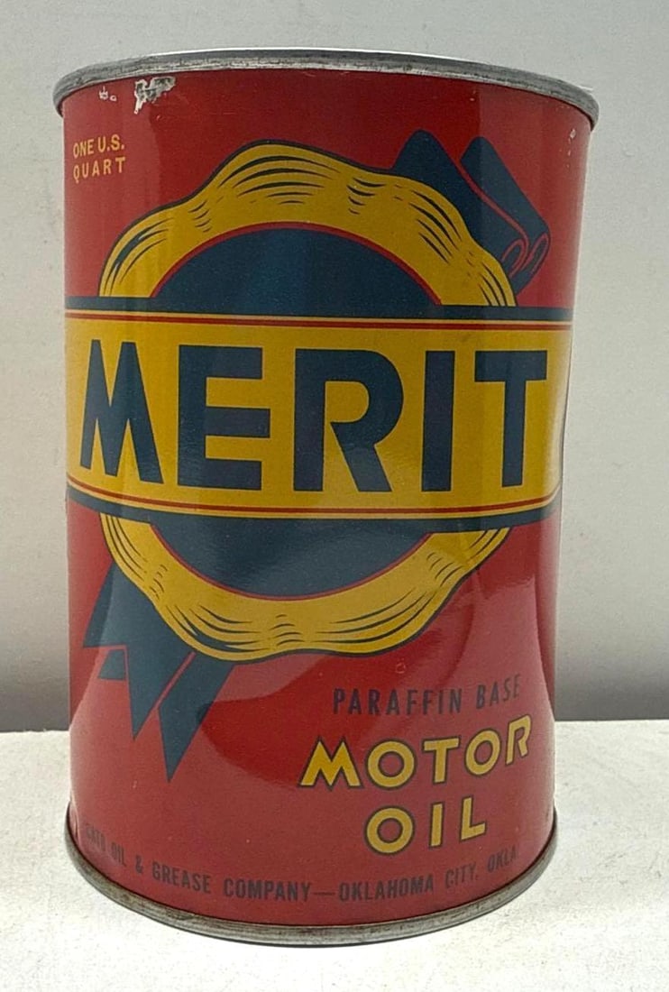 Merit Blue Seal Quart Oil Can Cato Oils & Grease Oklahoma City, OK: Merit Motor Oil quart oil can from Cato Oils & Greases Company of Oklahoma City, Oklahoma. Features Blue Seal graphic and attractive color scheme. Full quart presents with strong color and light wear.