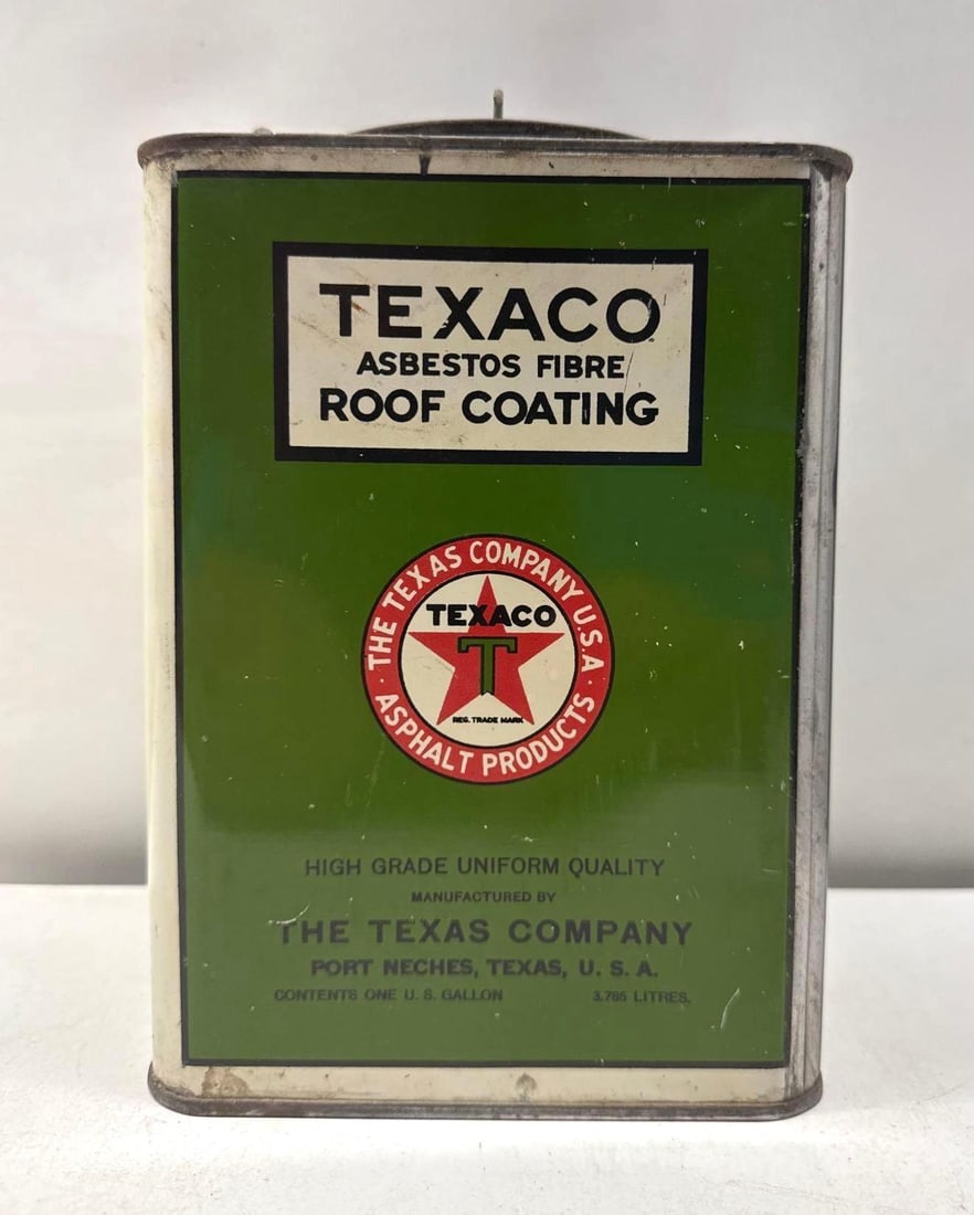 Texaco Asbestos Fiber Roof Coating One Gallon Can: Texaco Asbestos Fiber Roof Coating one gallon can.? Square can is empty with a a screw lid, bail and dates to the 1920's.? Presents with strong color and light wear.