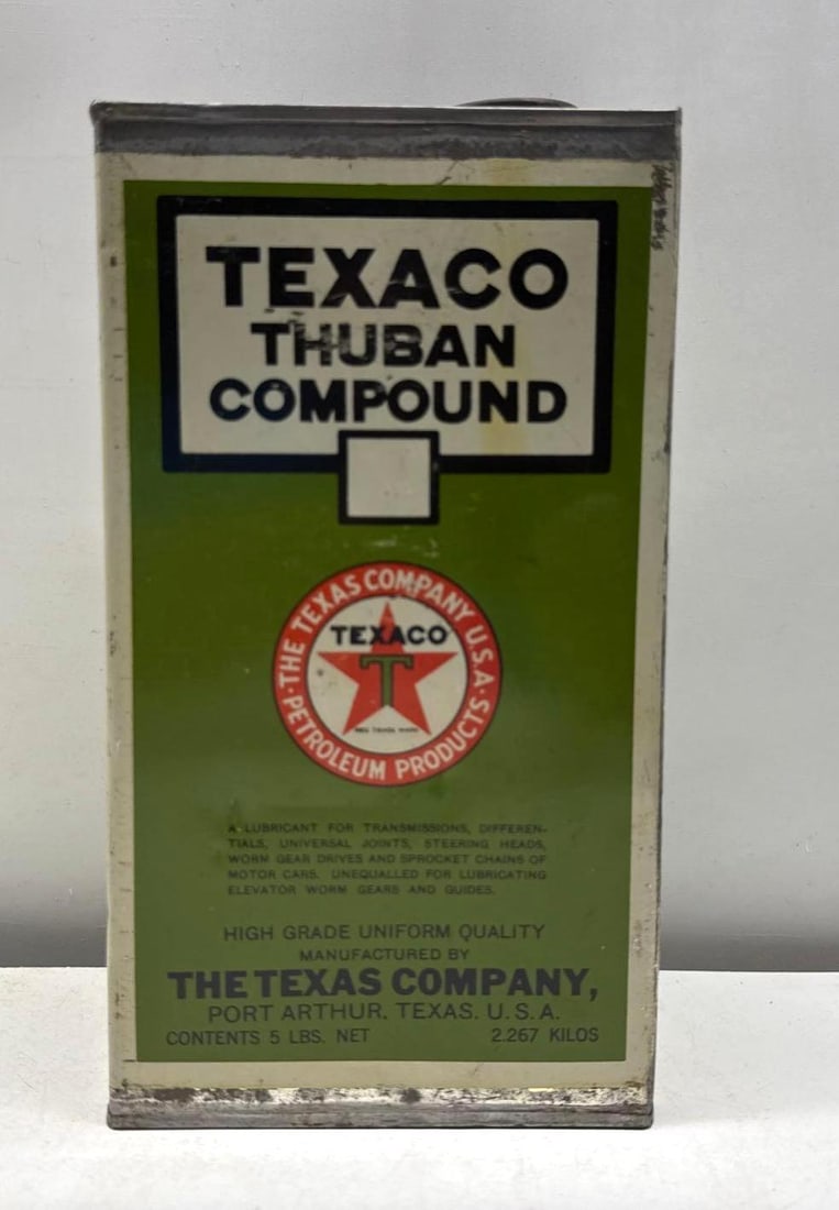 1920's Texaco Thuban Compound Grease Can: Texaco Thuban Grease Compound five pound rectangle grease can.? Dates to the 1920's, features square edge design and "Port Arthur" logos on four sides.? Presents with strong color and light wear.