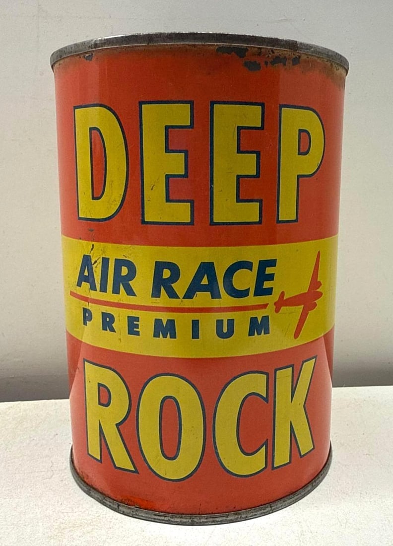 Deep Rock Air Race Premium Quart Oil Can w/ Airplane: Deep Rock Air Race Premium Quart Oil Can.? Features flying airplane graphic and unique color scheme.? Full quart presents with nice color and light wear.