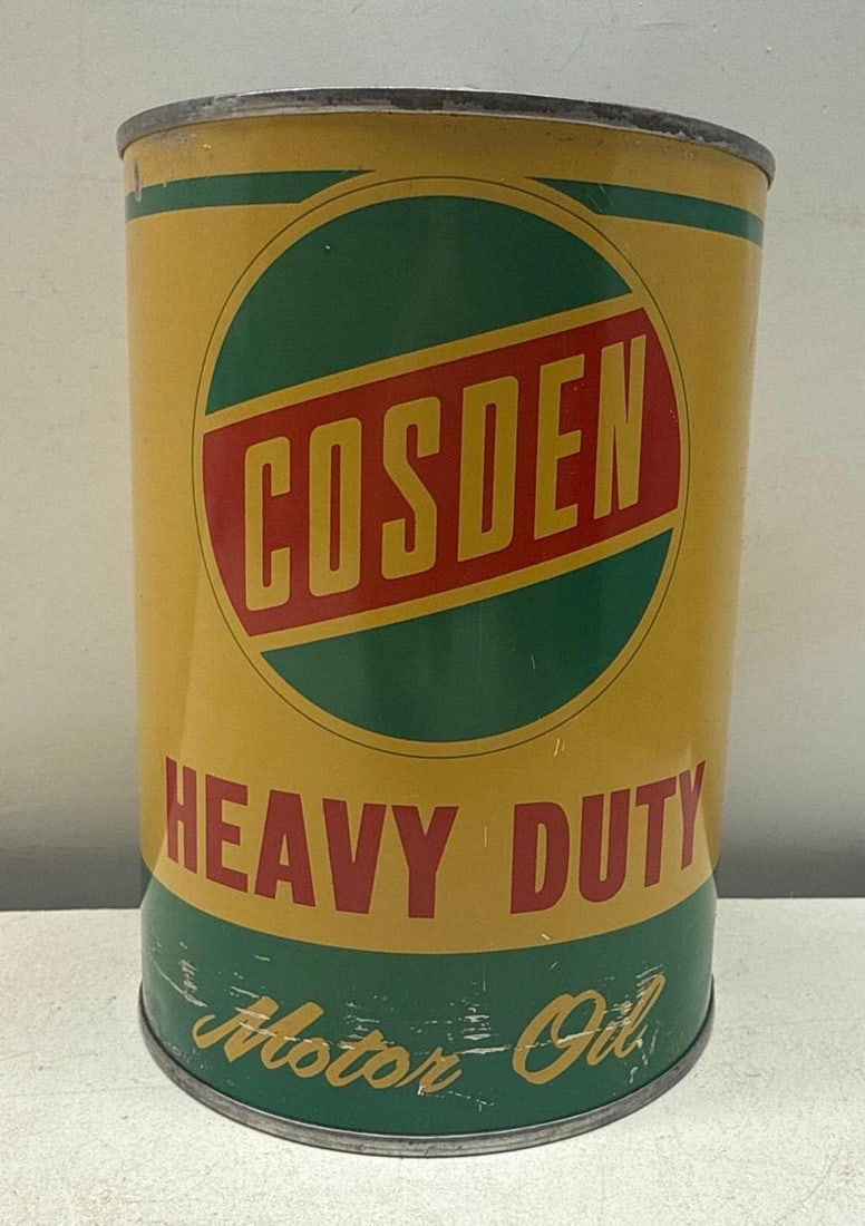 Cosden Heavy Duty Quart Oil Can: Cosden Heavy Duty metal full quart oil can.? Presents with strong color and light wear.