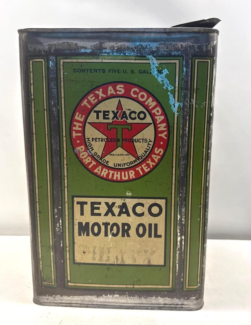 1920's Texaco Motor Oil Five Gallon Square Oil Can: Texaco Motor Oil five-gallon square flat-top oil can. Dates to the 1920's and features Texaco logo on all four sides with product branded privilege panel. Presents with nice color and some wear.