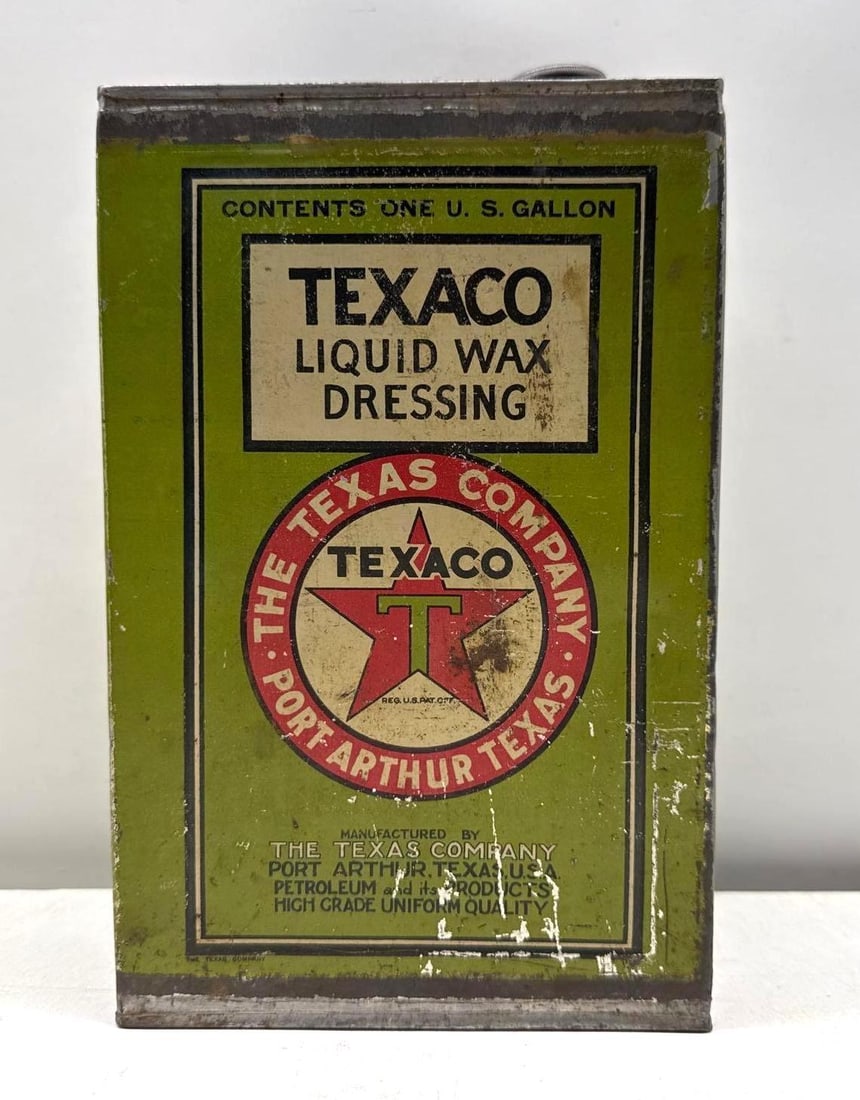 Texaco Liquid Wax One Gallon Can: Texaco Liquid Wax one gallon can. Dates to the 1920's and marked The Texas Company Port Arthur, Texas. Presents with nice color and light wear.