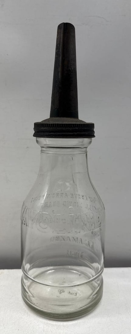 1920's Havoline Quart Oil Bottle w/ Original Spout: 1920's Havoline Quart Oil Bottle w/ Original Spout.? Embossed Havoline on one side and Jay B. Rhodes on reverse.