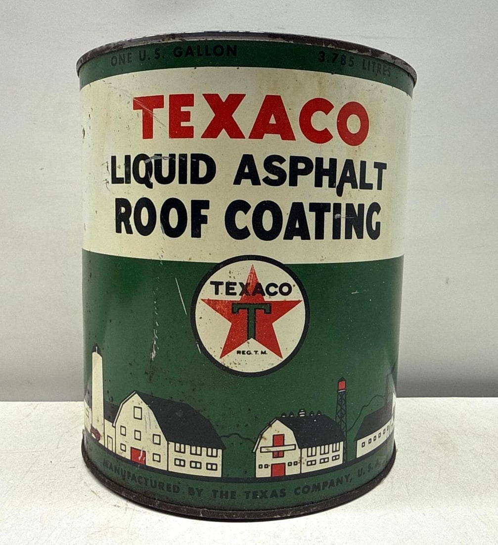 Texaco Liquid Asphalt One Gallon Can: Texaco Liquid Asphalt one gallon can.? Features industrial structures scenery around the bottom of the can.? NOS can presents with strong color and light wear.