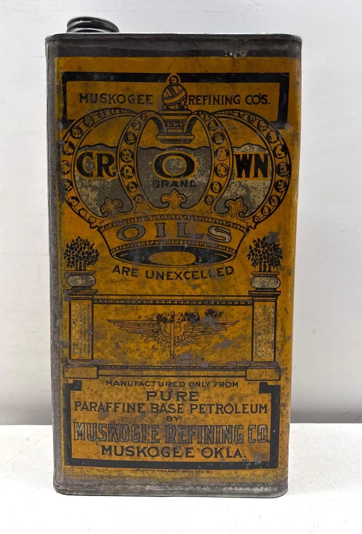 1910's Crown Brand Muskogee Refining One Gallon: Crown Brand one gallon tall flat top oil can from Muskogee Refining of Muskogee, Oklahoma.? One of only a few Muskogee cans known to exist with the Crown logo and Greek Columns.? Dates to the late 191