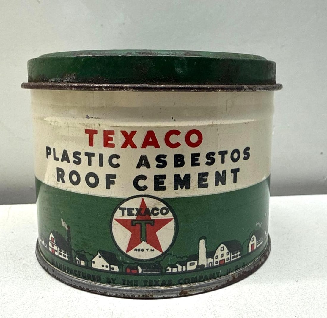 Texaco Plastic Asbestos Roof Cement One Pound Can: Texaco Plastic Asbestos Roof Cement one pound can.? Features period industrial building designs around the bottom of the can.? Presents with strong color and light wear.