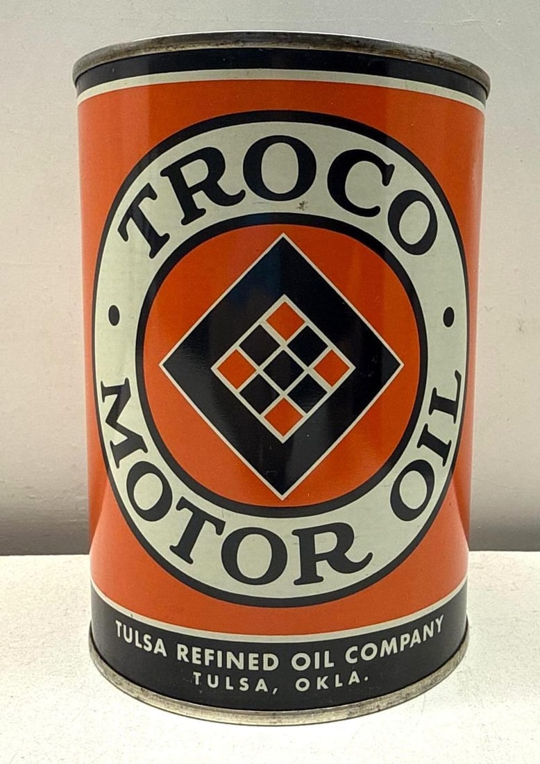 TROCO Motor Oil Quart Oil Can Tulsa, Oklahoma: Tulsa Refining Company "TROCO" one quart oil can from Tulsa, Oklahoma.? Presents with strong color and light wear.
