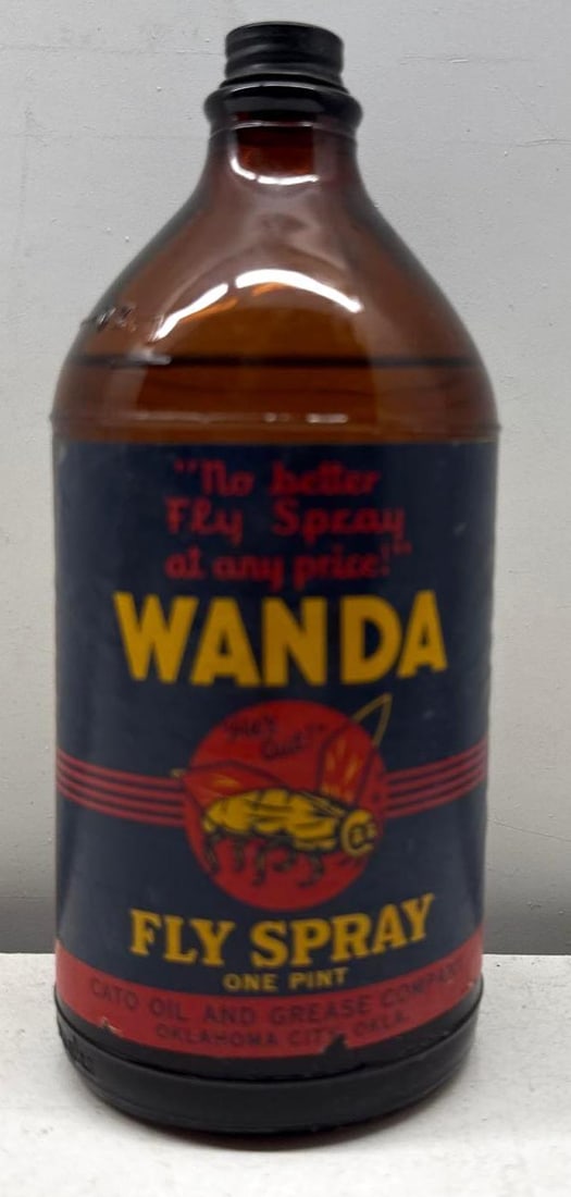 Wanda Fly Spay One Pint Bottle Cato Oils & Greases Oklahoma City, Oklahoma: Wanda Fly-Spray one pint bottle from Cato Oils & Greases Oklahoma City, Oklahoma.? Amber bottle with paper label presents in overall excellent condition.