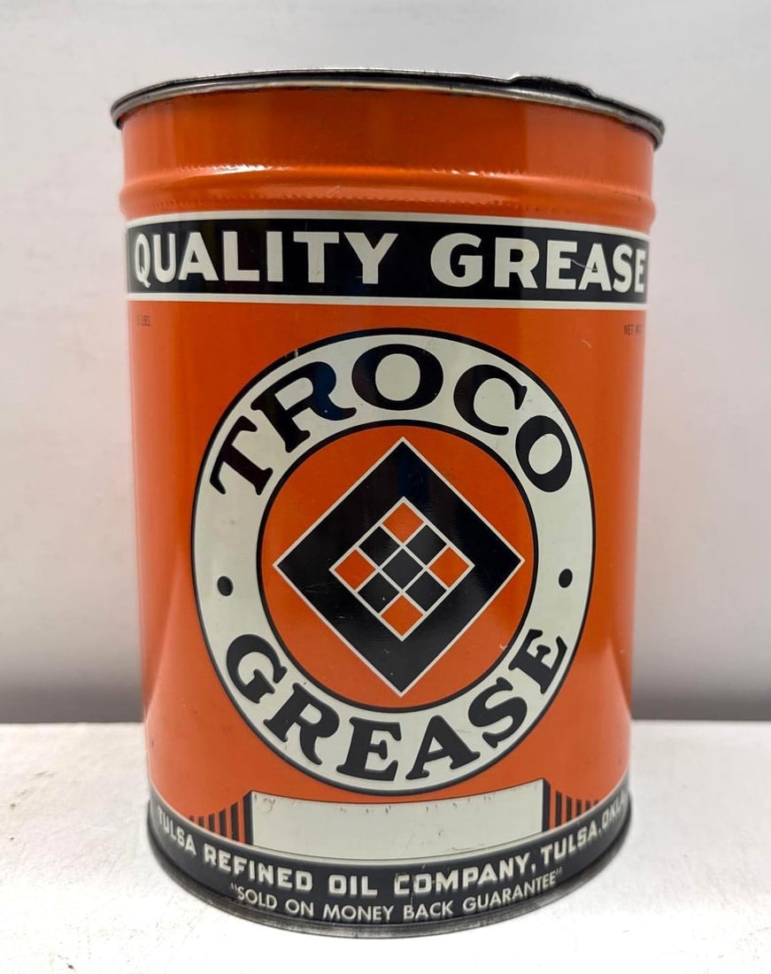TROCO Five Pound Grease Can: TROCO five pound grease can from Tulsa Refined Oil Company of Tulsa Oklahoma. Presents with strong color and light wear.