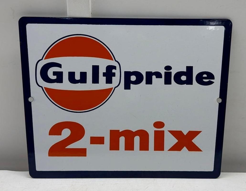 Gulf Pride 2-Mix Porcelain Gasoline Pump Plate (1 of 2)