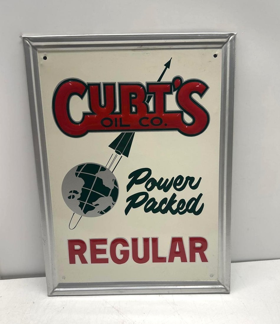 Curt's Oil Company Power Packed Regular Gasoline Pump Sign: Curt's Oil Company Power Packed Regular gasoline pump sign from Curt's Oil Company of Muskogee, Oklahoma. Features fantastic rocket ship and globe graphic. New old stock sign presents with fantastic c