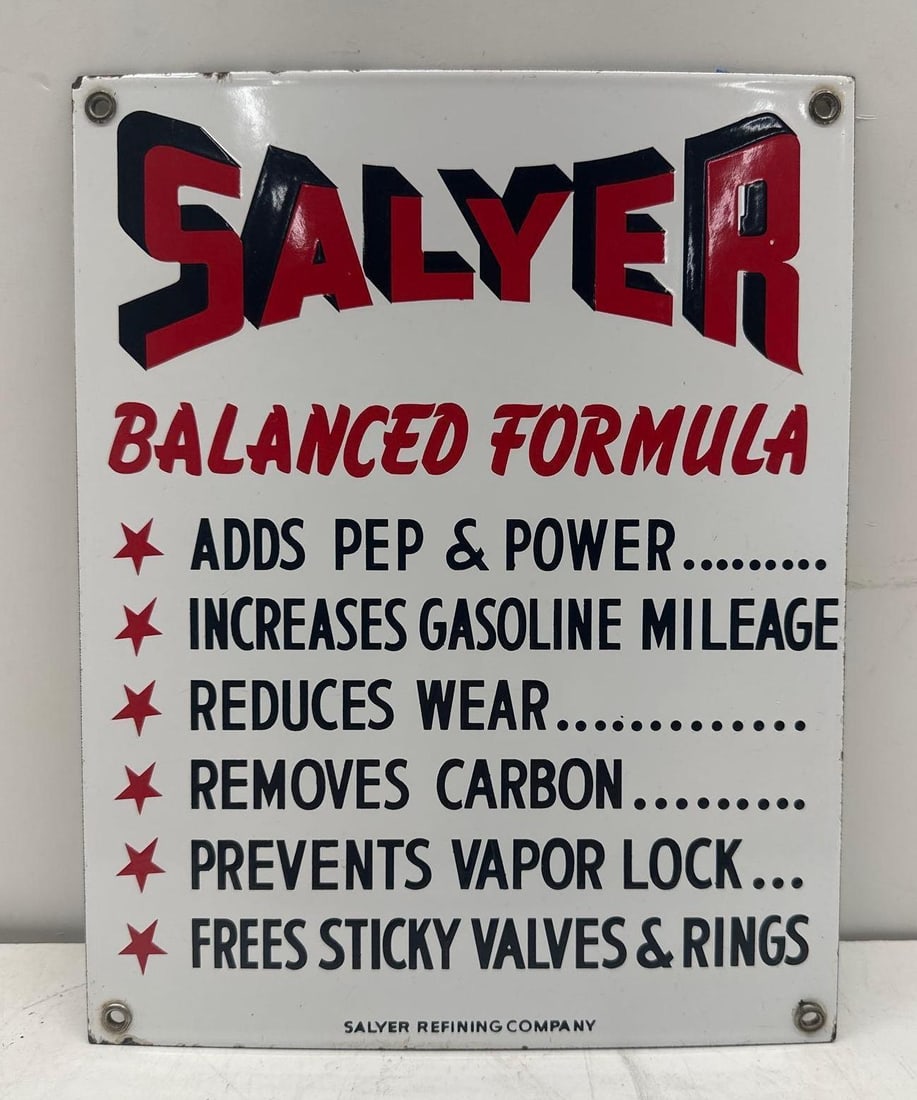 Salyer Balanced Formula Porcelain Sign Oklahoma City, OK: Salyer Balance Formula single sided porcelain sign from The Salyer Oil Company of Oklahoam City, Oklahoma. Presents with strong color and minimal wear. Rare sign seldom offered for sale. Measures 12x9