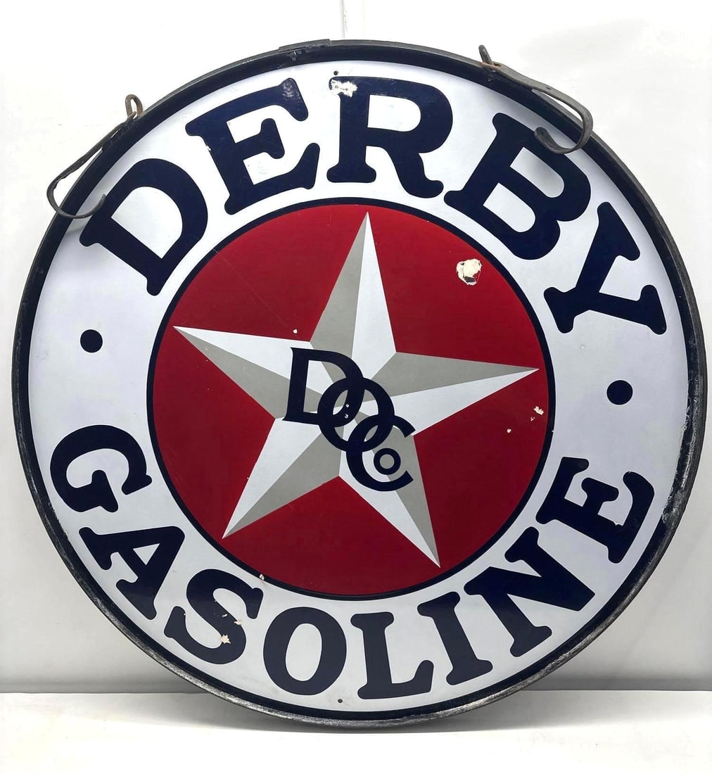 1920's Derby Gasoline Porcelain Sign w/ Original Hanging Frame (1 of 7)