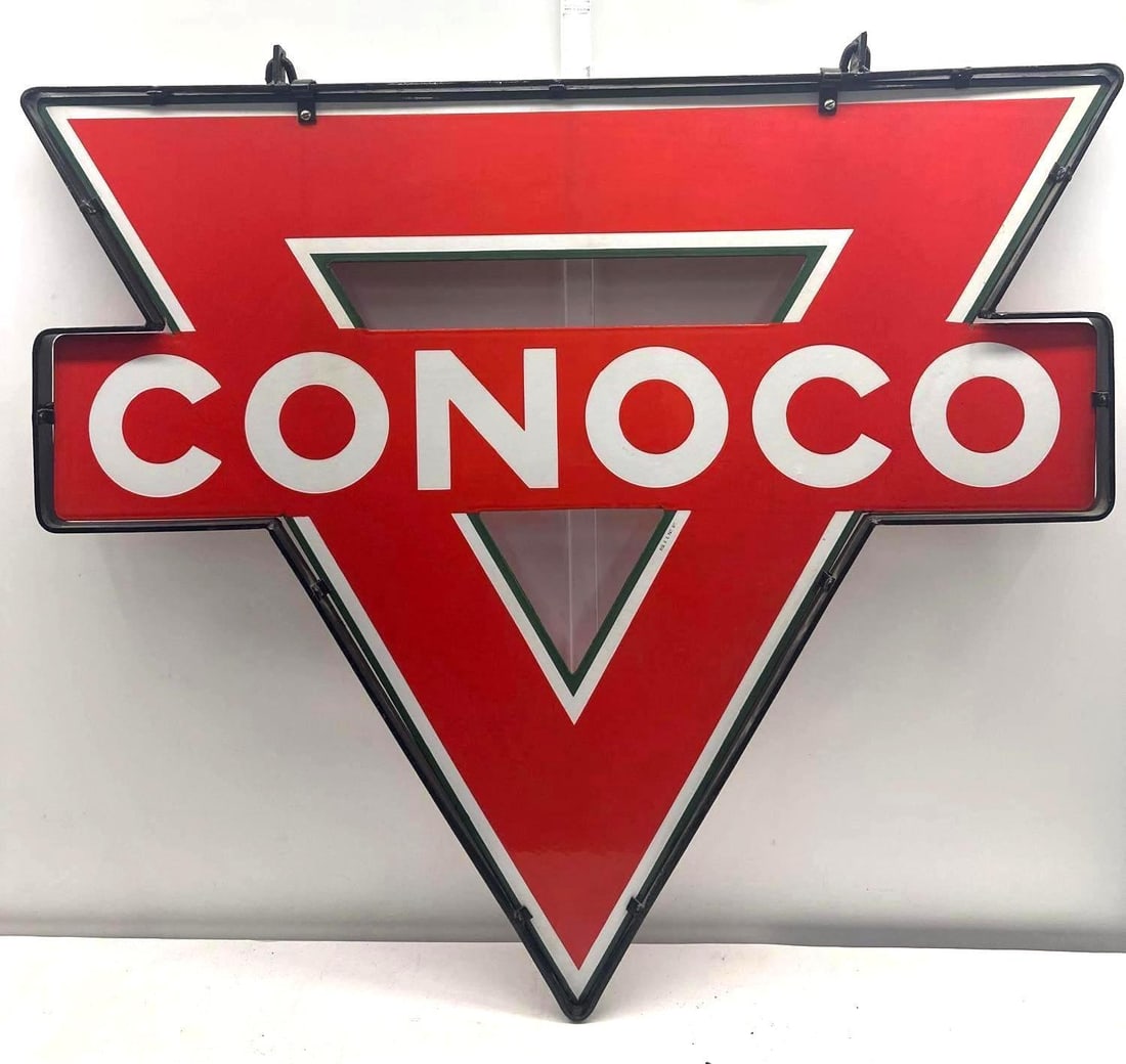 42" Conoco Gasoline Porcelain Sign w/ Original Hanging Ring: Conoco Gasoline double sided porcelain sign with green outline ring. Marked Veribrite Chicago U.S. Pat. Office and has the original hanging ring. Presents with strong color and minor wear.? Measures 4
