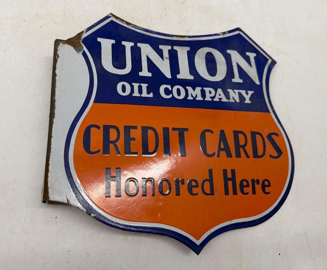 Union Oil Company Credit Cards Honored Here Porcelain Flange Sign (1 of 2)