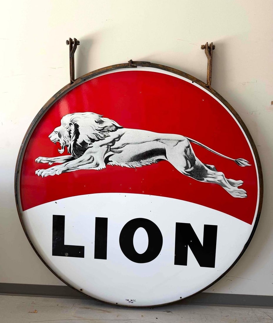 60" Lion Porcelain Sign w/ Hanging Ring: Lion Oil Company double sided porcelain sign. Features the 'Leaping Lion" graphic, is Marked SPS 6-1960 and is complete with heavy steel hanging ring with mounting hooks.? Sign presents with strong co