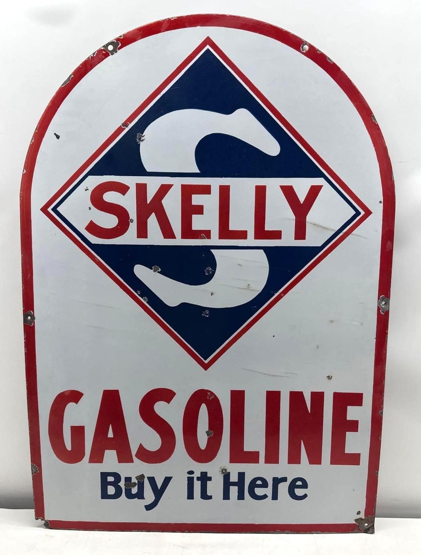 Skelly Gasoline and Tagoline w/ Tag Porcelain Tombstone Sign (1 of 7)