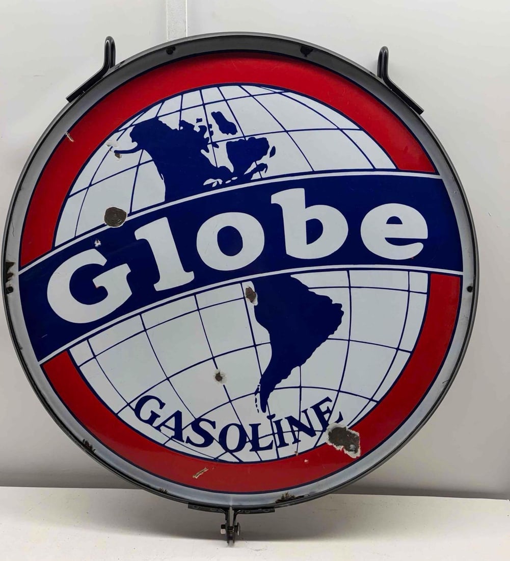 30" Globe Gasoline Porcelain Sign: Globe Gasoline double sided porcelain sign.? Features detailed hemisphere graphics and high quality hanging ring.? Presents with nice color and light wear.? Measures 30"