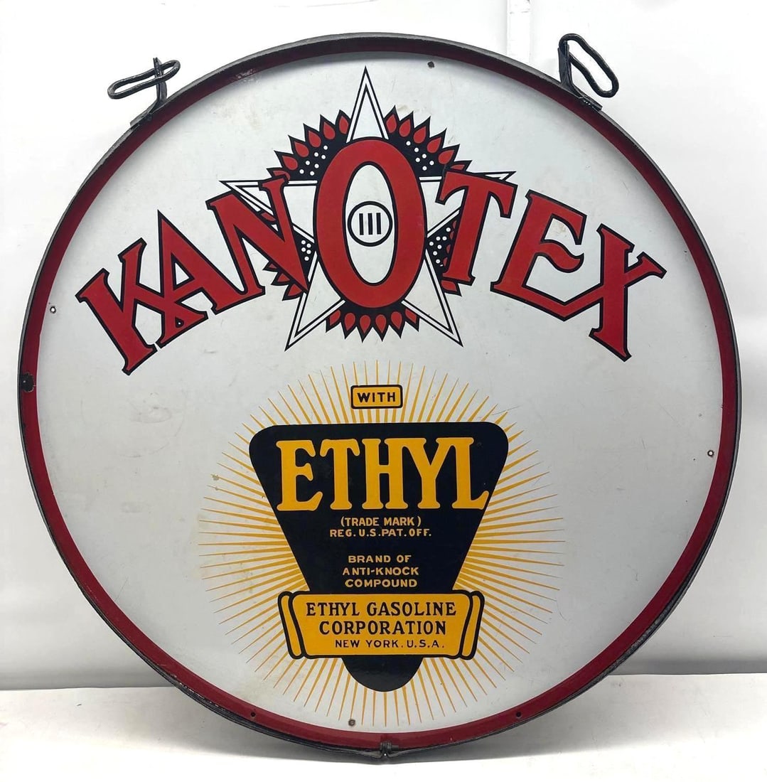 42" Kanotex Ethyl Porcelain Sign w/ Original Hanging Ring: Kanotex Ethyl double sided porcelain sign.? Arkansas City, Kansas sign dates to the 1920's and is equipped with the original hanging ring.? Presents with strong color and minor wear.