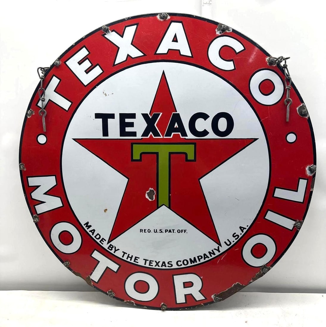 Two 42" Texaco Motor Oil Porcelain Single Sided Signs w/ Original Bracket & Hardware: Two Texaco Motor Oil Porelain single sided signs mounted back to back with original bracket and square hex nuts.? These signs date to the late 1920's and originally were designed for two single sided 