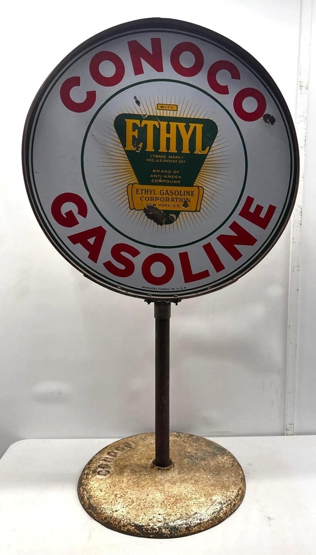 30" Conoco Ethyl Porcelain Sign w/ Frame & Conoco Base (1 of 9)