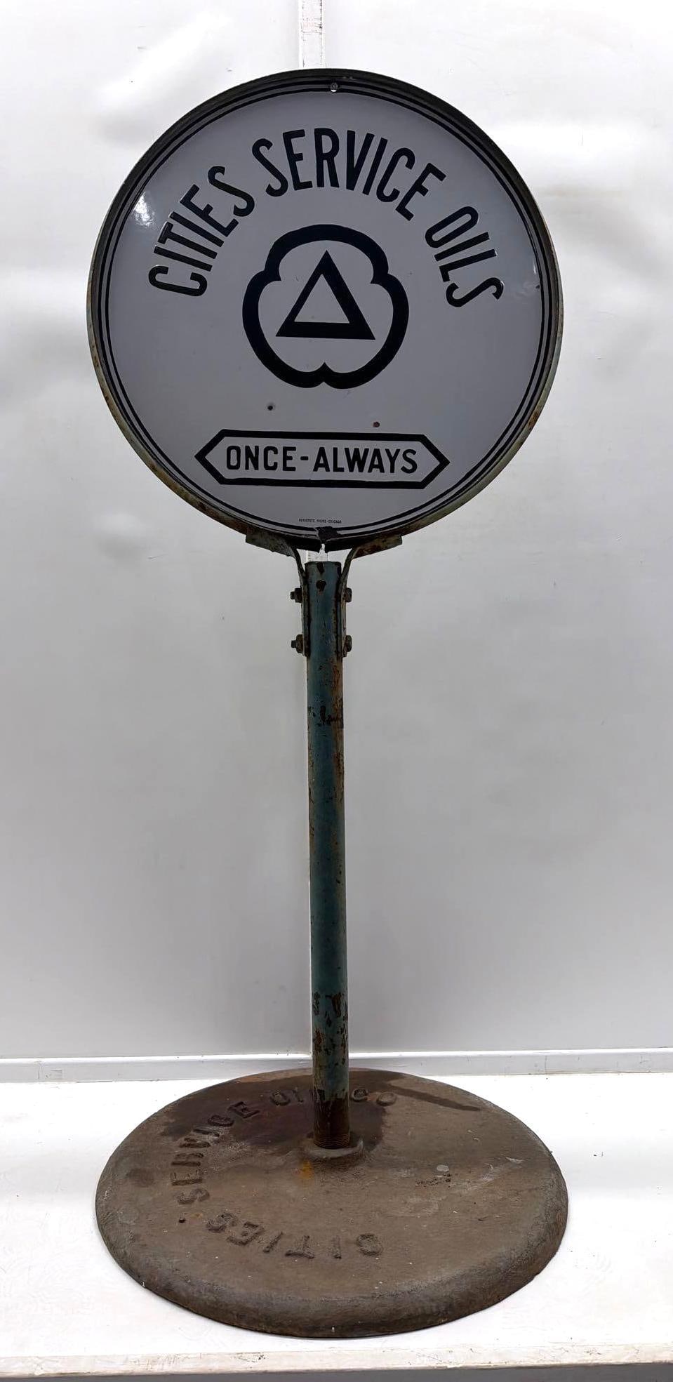 24" Cities Service Porcelain Sign w/ Ring and Cities Service Base: Cities Service "Once Always" double sided porcelain sign.? Features original frame and Cities Service branded base.? Marked Veribrite and presents with nice color and light wear.