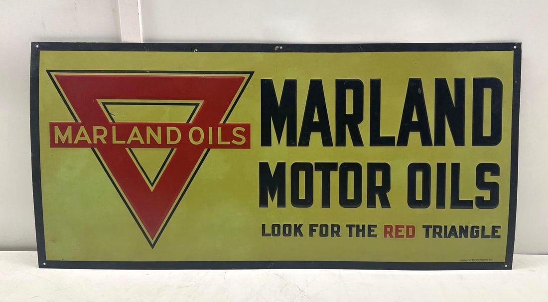 1920's Marland Motor Oils Embossed Sign w/ Triangle: Marland Motor Oils heavily embossed single sided metal sign.? Reads "Look For The Red Triangle" and displays the iconic Marland Triangle logo.? This new old stock sign is? Marked American Artworks and