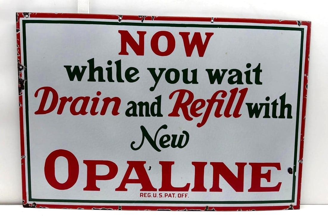 1920's Sinclair Opaline Porcelain Sign: Sinclair Opaline single sided porcelain sign.? 1920's sign with dual advertising message introducing??"New" Opaline Motor Oil and an efficient oil change "Now While You Wait Drain and Refill".? Presen
