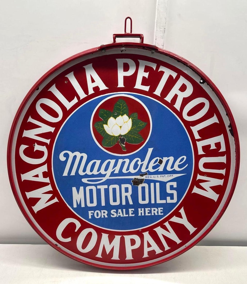 30" Magnolia Motor Oils & Gasolne "For Sale Here" Porcelain Sign w/ Ring: Magnolia Petroleum Company double sided porcelain sign.? Features Magnolia flower and double branded?advertising?Magnolene Motor Oils and Gasoline "For Sale Here".? Presents with high quality hanging 