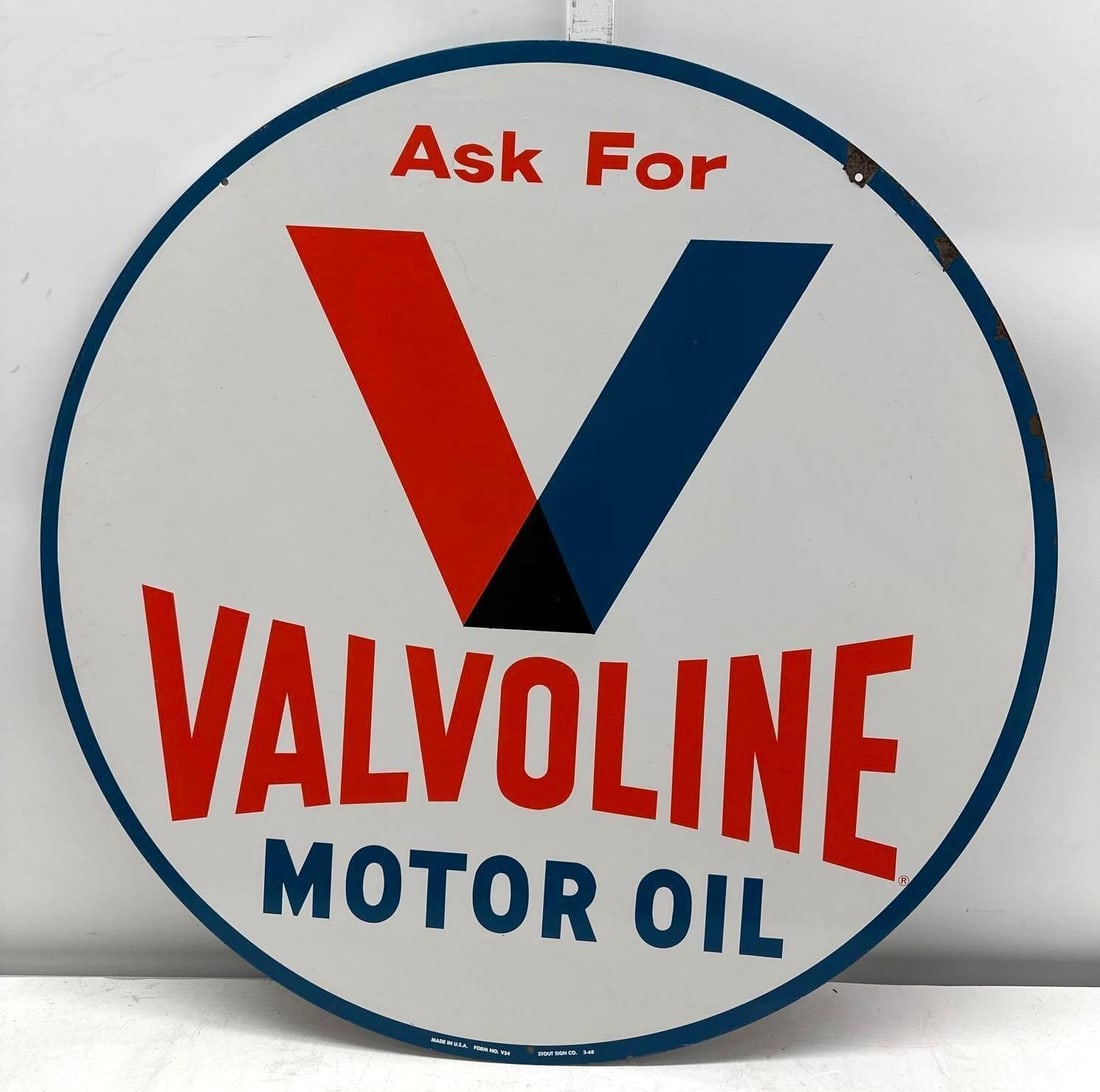30" Ask for Valvoline Motor Oil Curb Sign: Ask for Valvoline Motor Oil double sided painted metal curb sign. Presents with strong color and light wear. Marked Stout 3-68 Made in U.S.A and Measures 30".