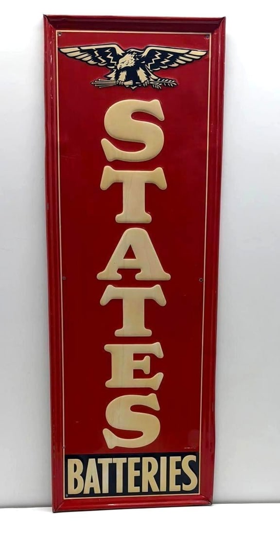 States Batteries Embossed Metal Sign w/ Flying Eagle: States Batteries embossed vertical metal sign.? Features flying eagle image and presents with strong color and light wear.? Measures 39x14.