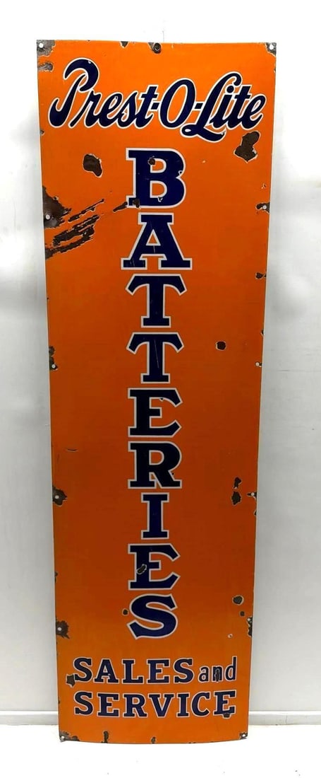 Early Prestolite Batteries "Sales & Service" Porcelain Sign: Prestolite Batteries Sales & Service" single sided porcelain sign.? Features attractive orange background and blue letters with white outline.? Presents with nice color, some chips and scratches.? Mea